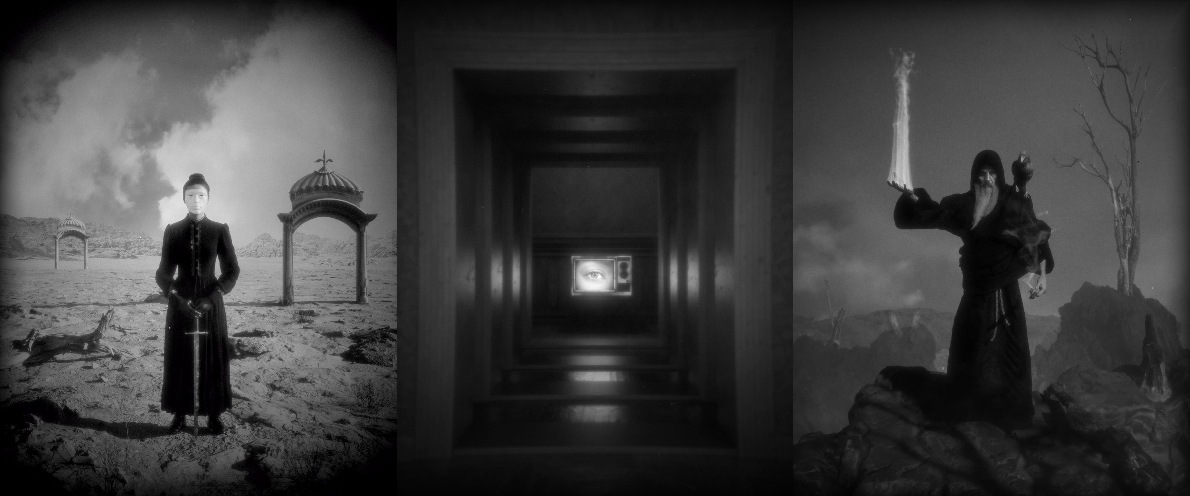 Three works from Silence (2025): a figure with a sword on a plain, a corridor ending in an eye, a hooded figure holding a flame.