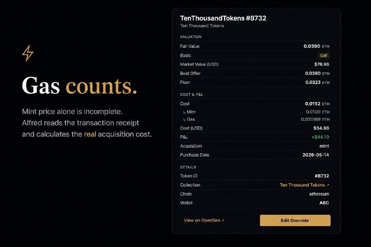 Alfred gas cost breakdown in NFT detail