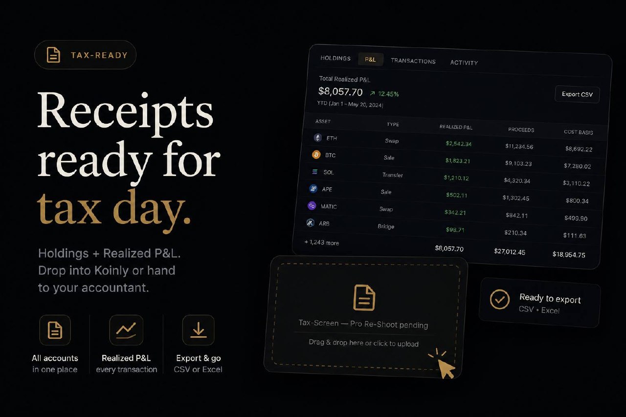 Alfred tax-ready receipts — P&L export for Koinly or accountant